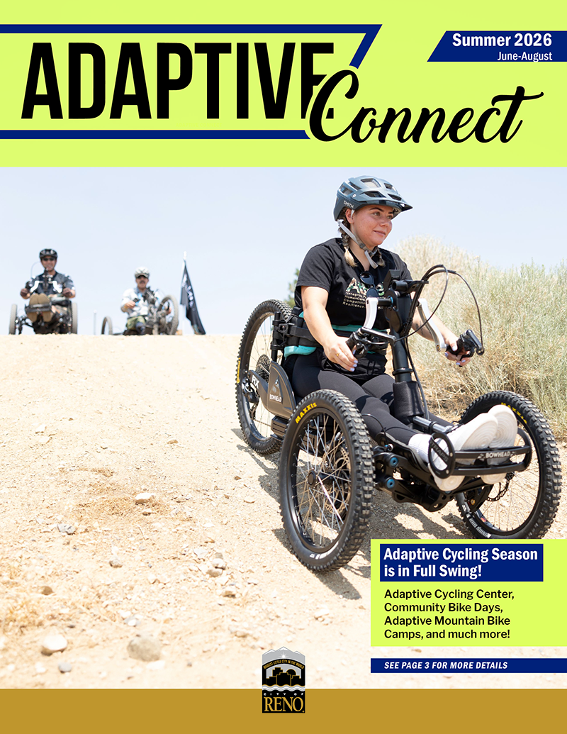 Adaptive Connect Cover Summer 2026 with people riding on adaptive equipment on dirt trail